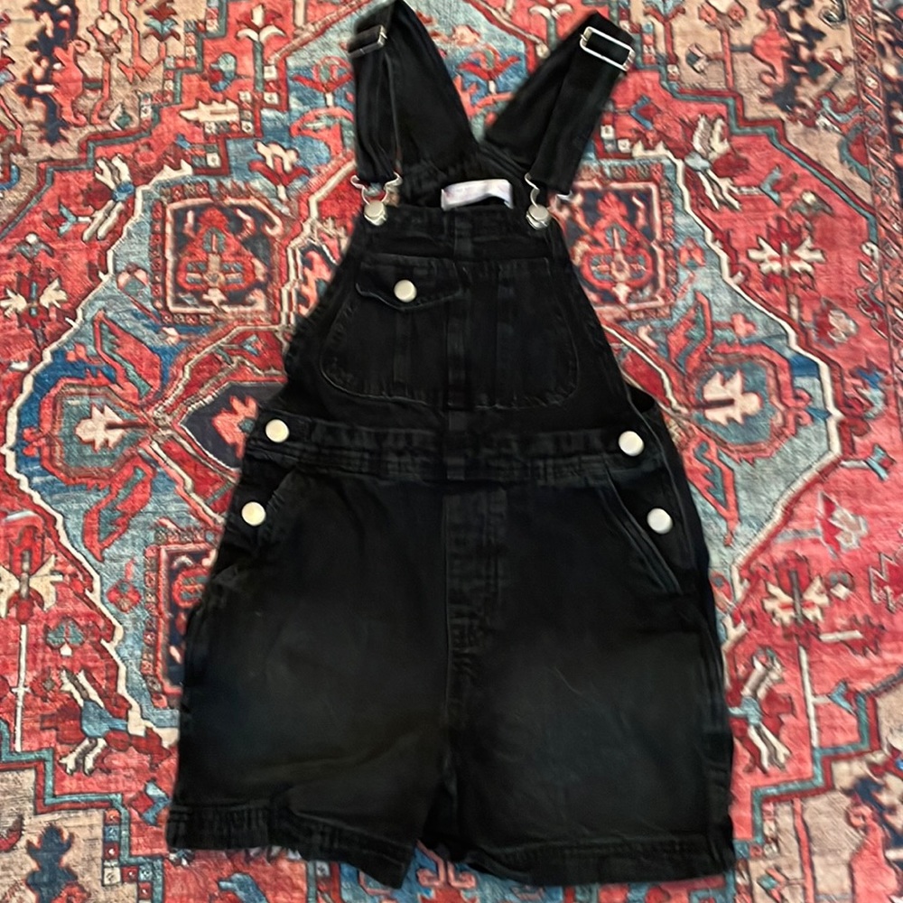 Black wash adjustable overalls with shorts and pockets